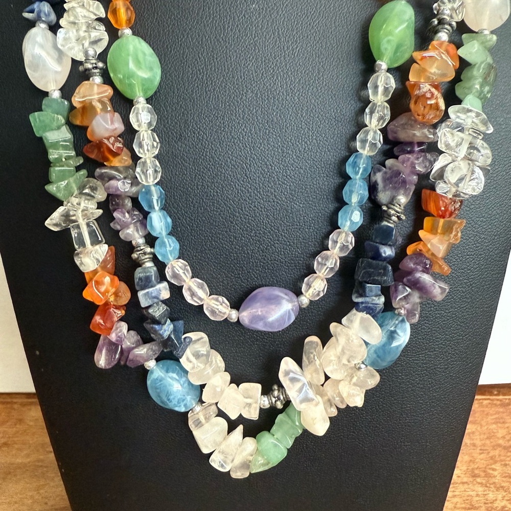 Vintage Colorful Bohemian 3 Strand Gemstone Necklace